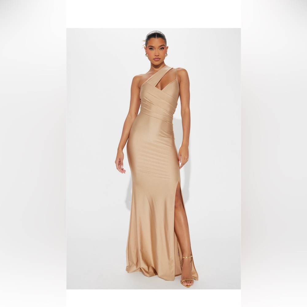 Strapless One-Shoulder Nude Evening Gown